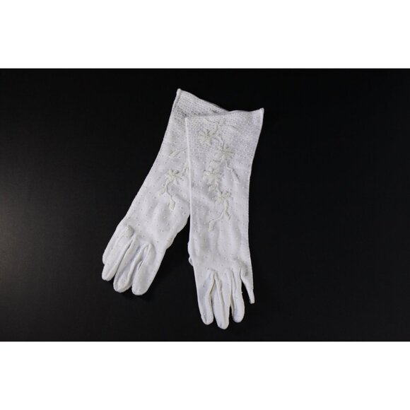Long white felt beaded gloves size 6.5 - 7, vintage wedding bridal gloves 1950s - Picture 3 of 10